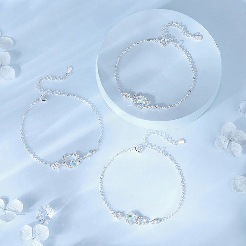 Synthetic Moonstone Zodiac Bracelet | S925 Sterling Silver Imitation Diamond Lucky Charm