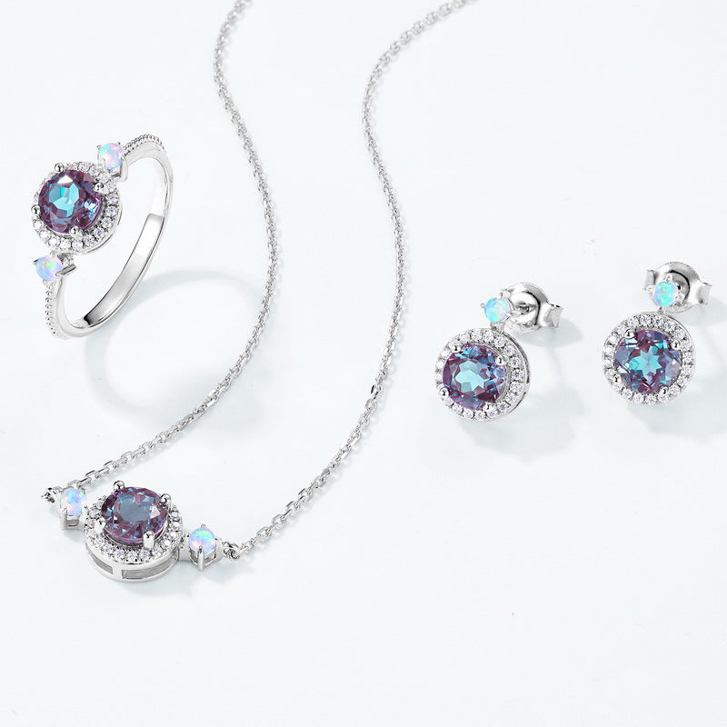 European and American style S925 sterling silver plated with platinum and inlaid with cultured alexandrite light luxury set