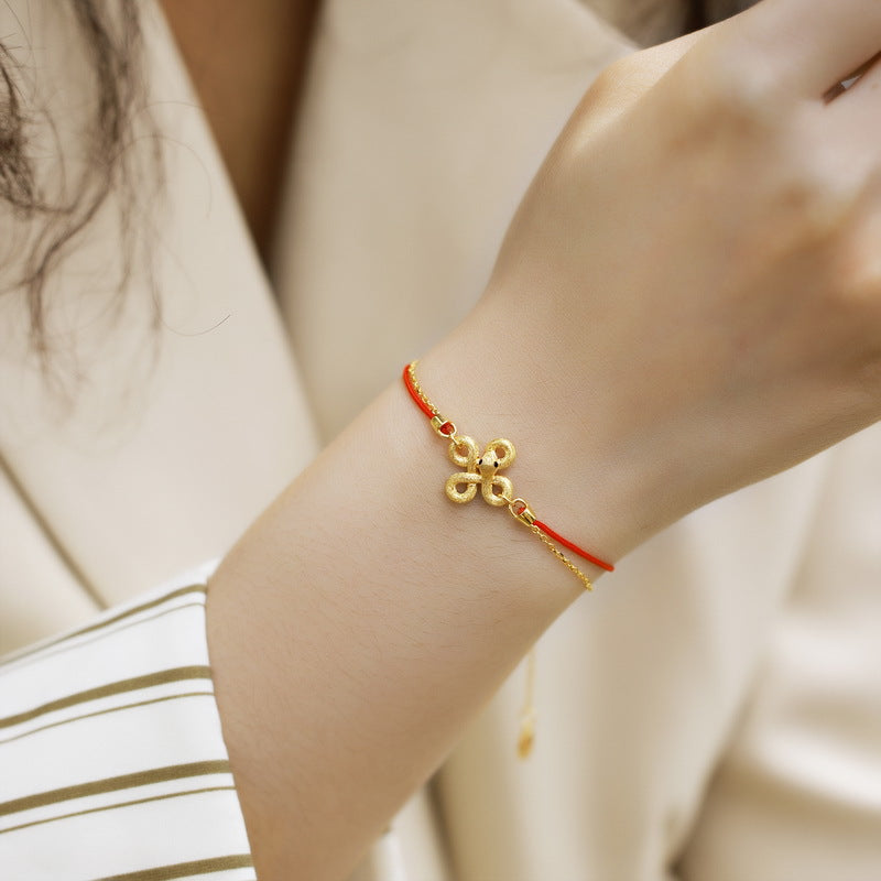 S925 sterling silver with 10K gold plated hand-brushed snake-shaped red rope bracelet | The Chinese Zodiac Snake, an oriental auspicious blessing jewelry