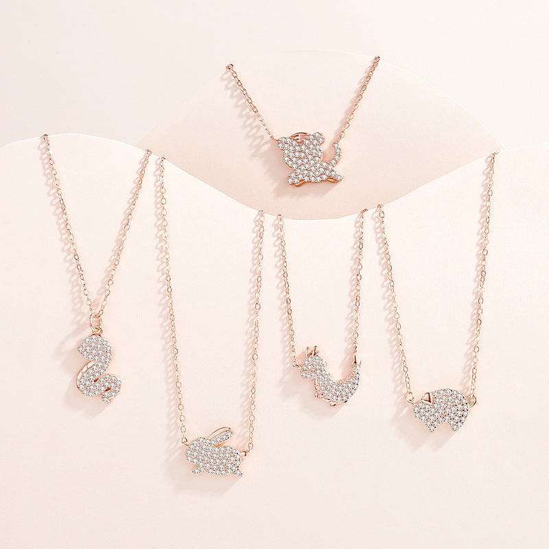 S925 sterling silver with rose gold imitation diamond Chinese Zodiac necklace | Exclusive shining jewelry to protect your birth year