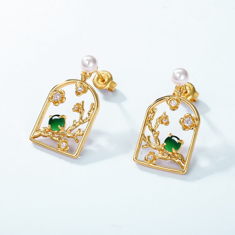 S925 10K Gold-Plated Sterling Silver Jade Earrings | Pearl and Diamond Chinese Plum Blossom Earrings