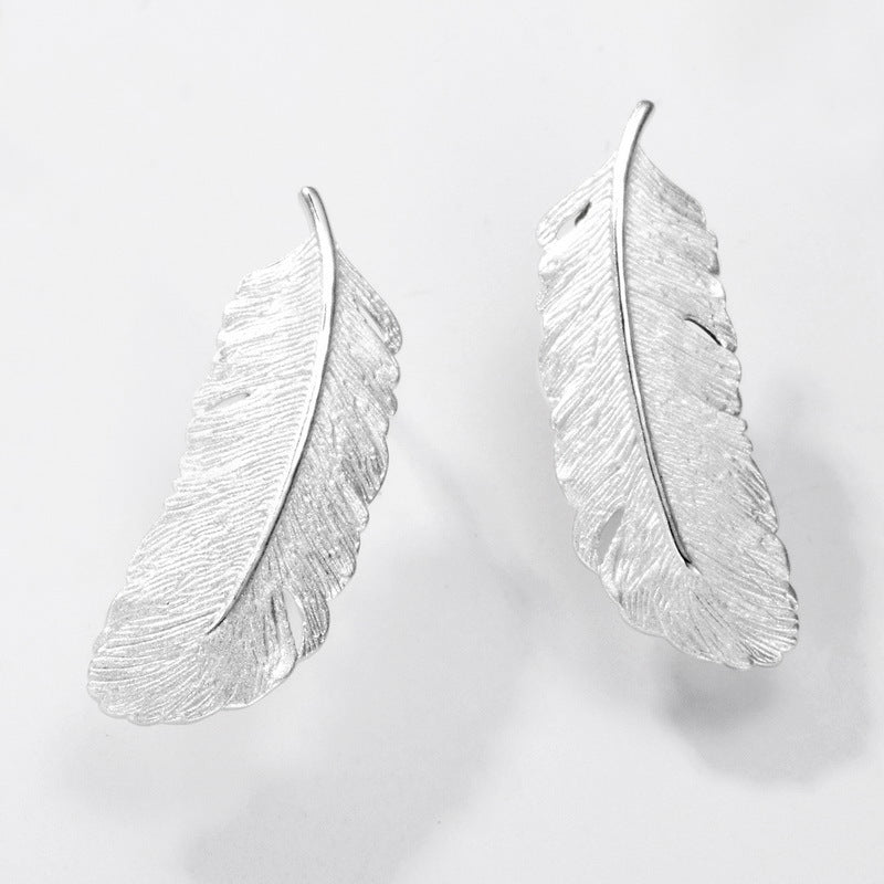 S925 sterling silver plated bright silver feather set | Hand-brushed light luxury retro jewelry four-piece set