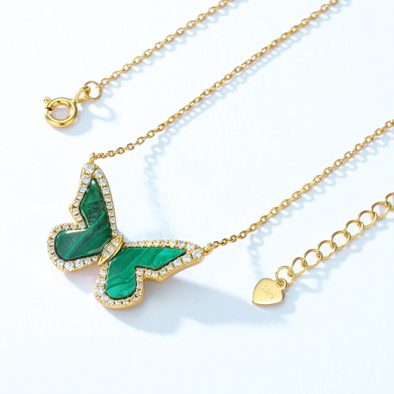 S925 sterling silver with 10K gold plated necklace | Natural malachite imitation diamond butterfly shape light luxury necklace