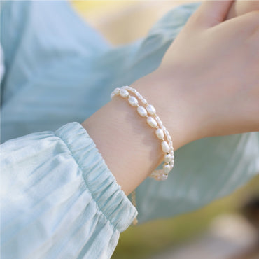 S925 sterling silver plated with 10K gold light luxury pearl millet bead double layer fashion bracelet