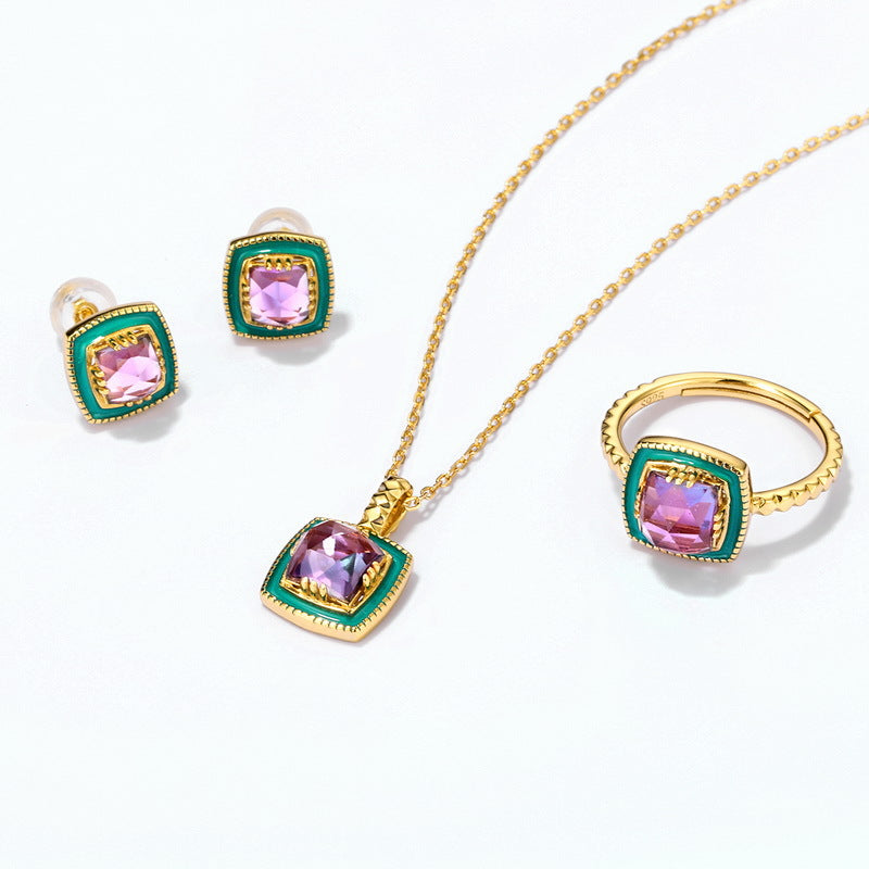S925 sterling silver plated with 9K gold Japanese and Korean style oil drop inlaid with natural amethyst set