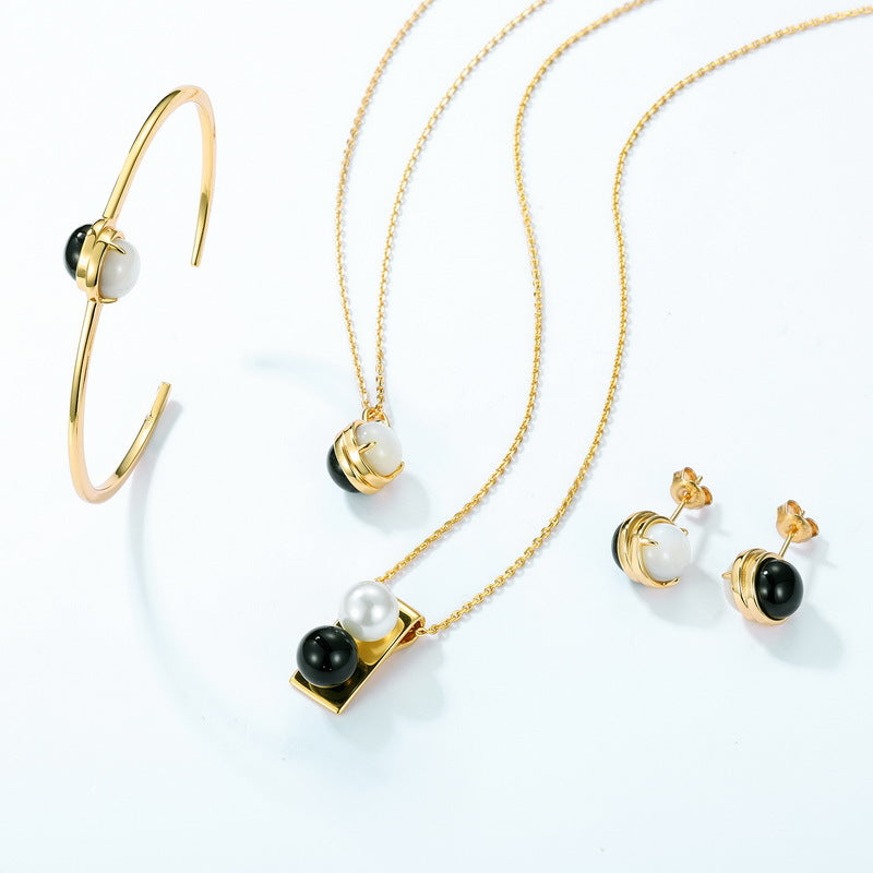 日韓風 S925 純銀鍍 10K 金飾品｜白貝殼黑瑪瑙 項鍊耳釘手鐲套裝