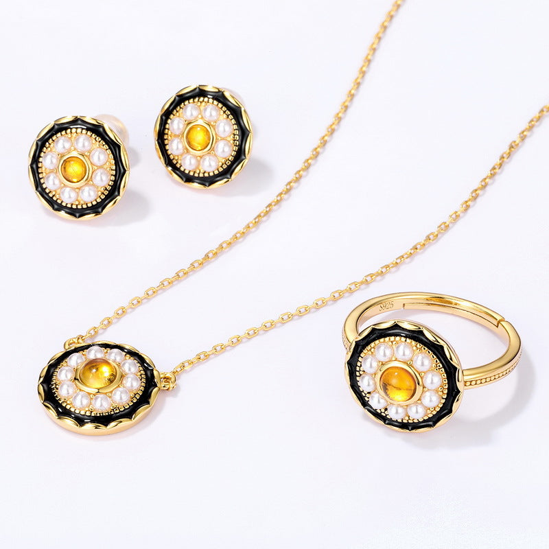 S925純銀鍍10K金 天然琥珀绮梦琉珠复古首饰套裝