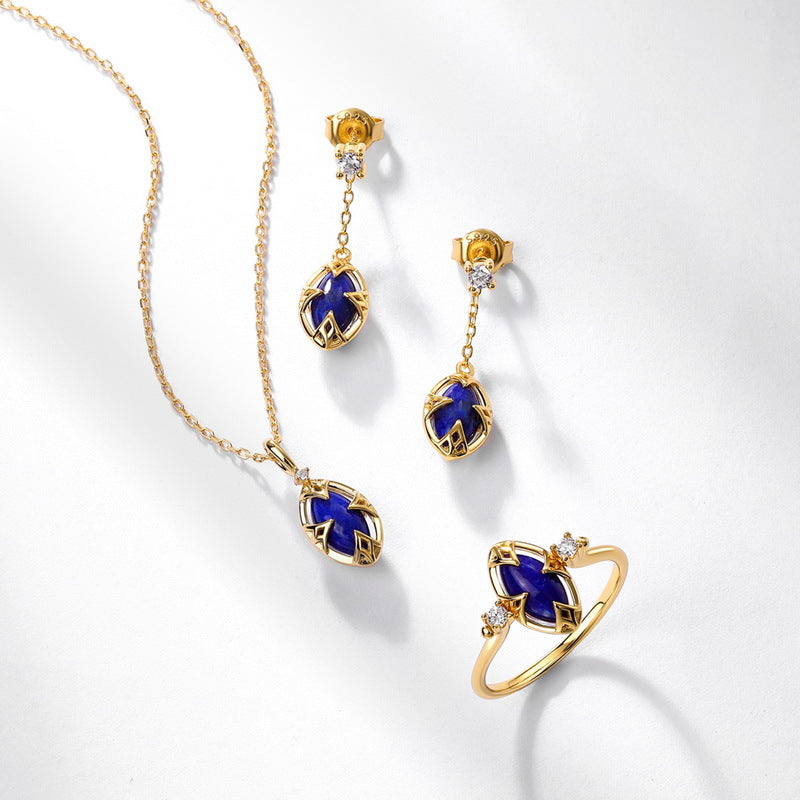 S925 sterling silver plated with 10K gold Japanese and Korean style light luxury lapis lazuli and white crystal reverseable jewelry set
