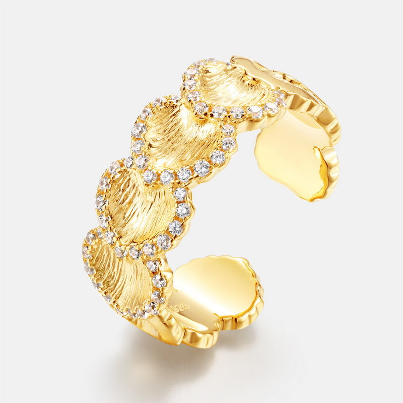 S925 sterling silver plated with 10K gold, hand-brushed imitation diamond heart-shaped ring | European and American style light luxury retro open ring high-end fashion jewelry