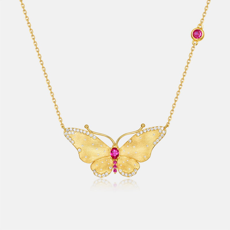 S925 sterling silver plated with 10K gold hand-brushed red corundum fashion butterfly necklace