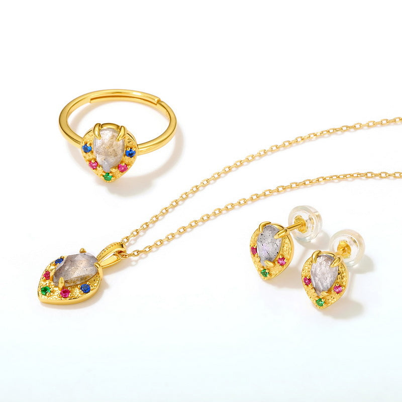 S925 sterling silver plated with 9K gold Japanese and Korean style light luxury classical natural labradorite colored gemstone jewelry set
