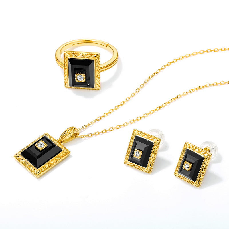 S925 純銀鍍 9K 金歐美風首飾套組｜天然黑瑪瑙仿鑽 經典方形奢華必備