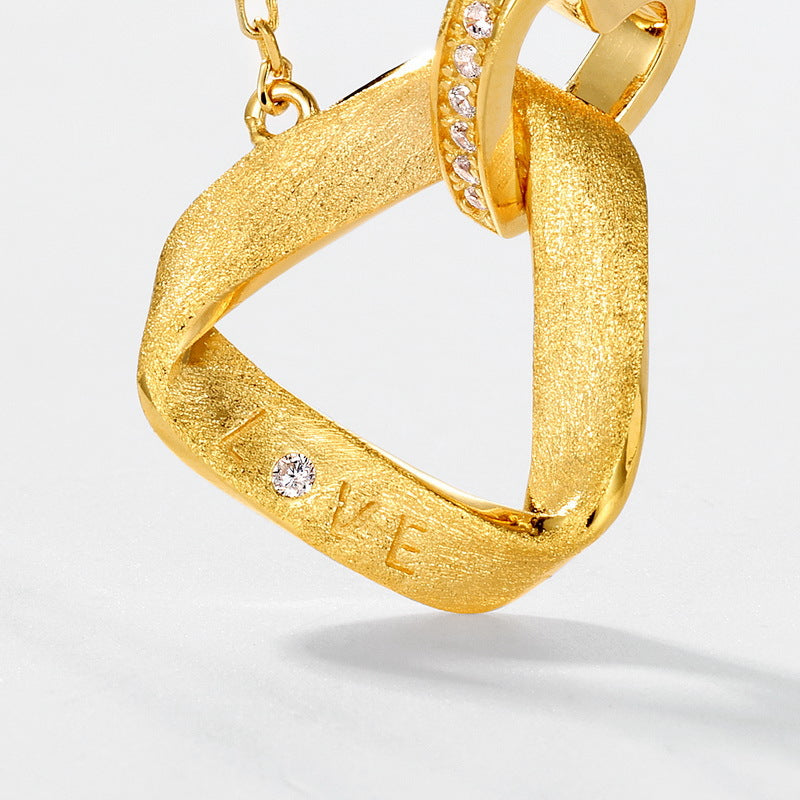 S925純銀鍍10K金 手工拉絲雙環項鍊｜仿鑽 LOVE 鎖骨鏈 浪漫告白首飾