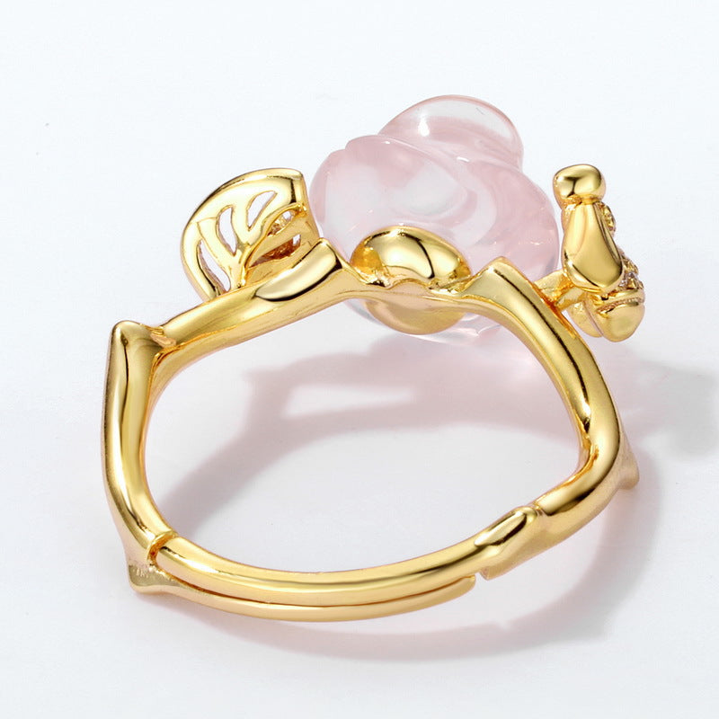 S925 sterling silver 10K gold plated natural pink crystal rose bee ring
