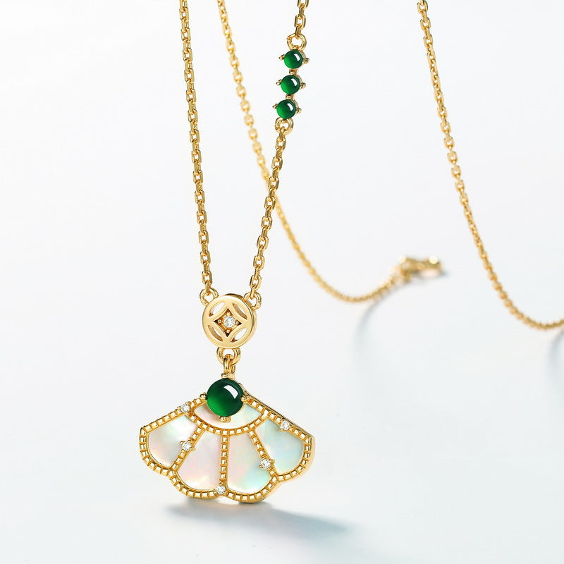S925 sterling silver plated with 10K gold, simple and stylish, white shell green jade fan set