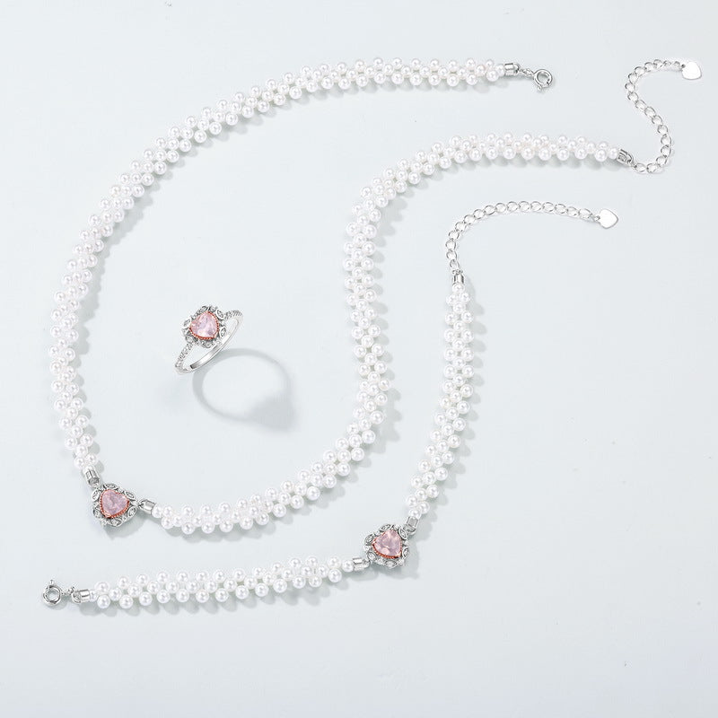 S925 Sterling Silver with Thick Platinum Plated Silver + Rose Gold Pearl and Rose Quartz Set | Romantic Jewelry for Long-Lasting Love 