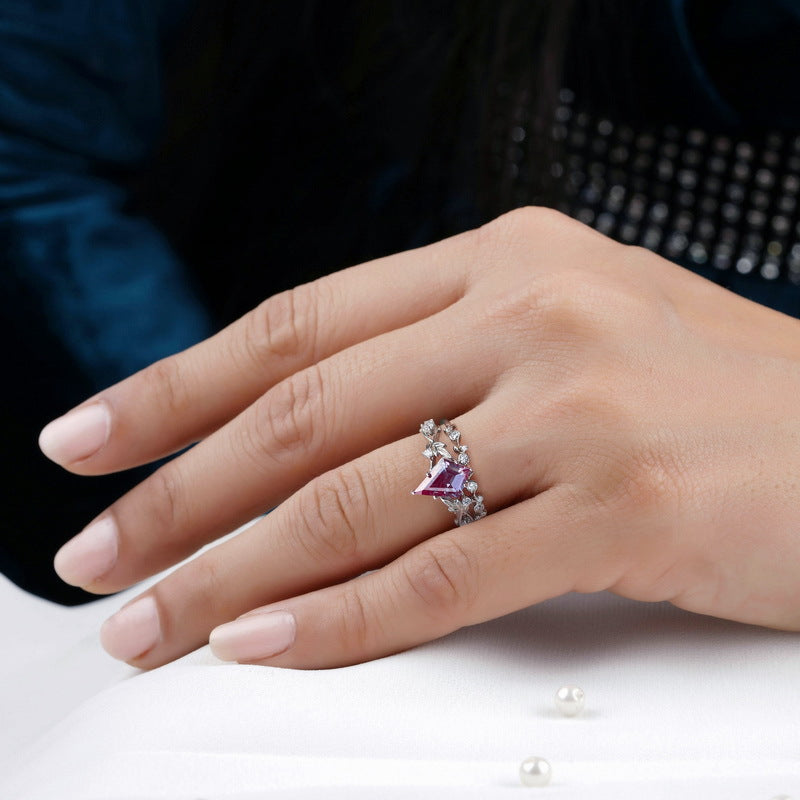 S925 Sterling Silver with Thick Silver and White Gold Plating | Synthetic Alexandrite and Imitation Diamond Flower Vine Ring