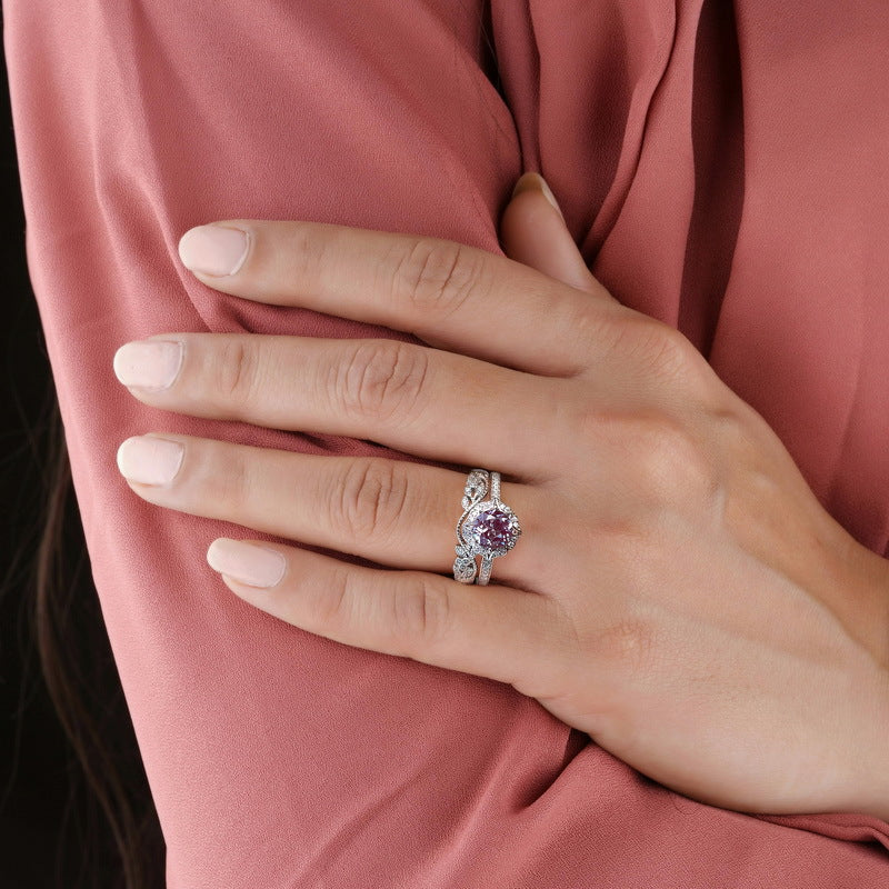 S925 sterling silver with thick platinum and European and American style ring | Synthetic Alexandrite and imitation diamond flower cage shape June birthstone ring