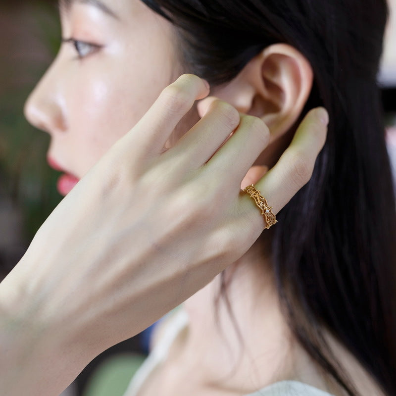 S925 sterling silver with 10K gold plated jewelry set | Exquisite and fashionable Japanese and Korean style imitation diamond pattern bracelet and ring