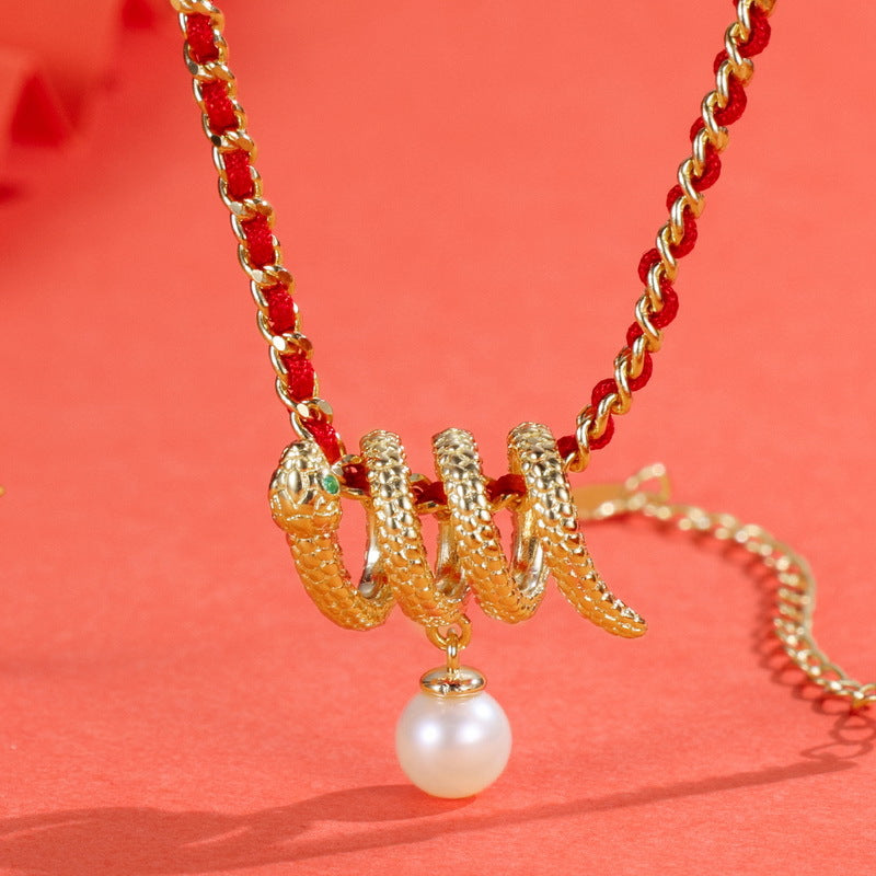 S925 sterling silver with 10K gold plated zodiac snake freshwater pearl light luxury pendant: a sign of good fortune, shining with elegance