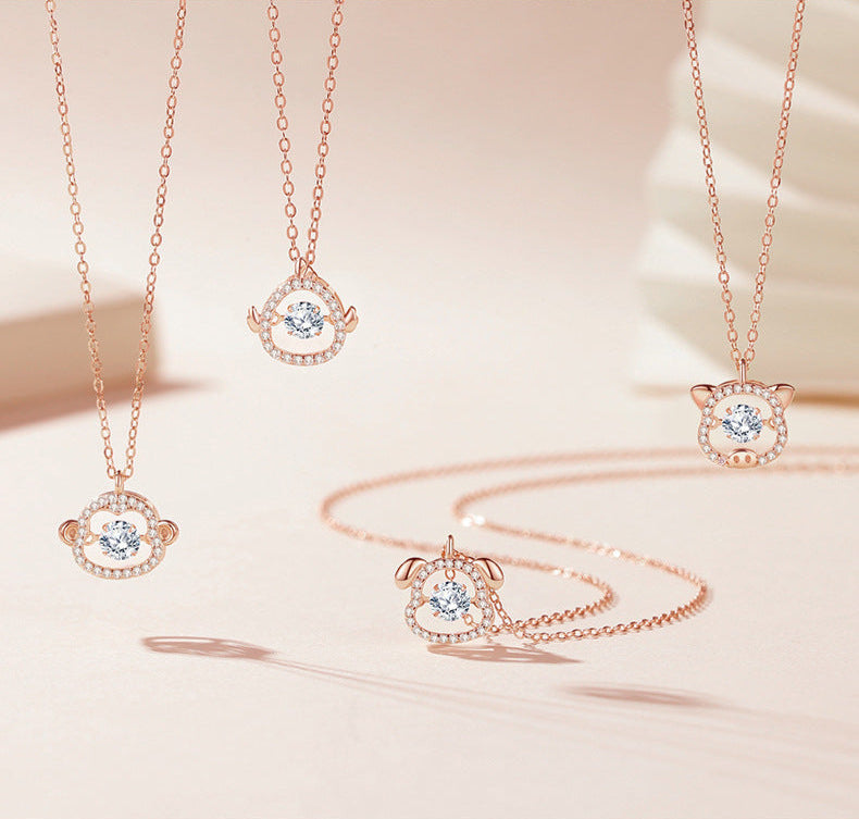 S925 sterling silver with rose gold plated twelve zodiac signs emotional imitation diamond necklace | Exclusive birthday/birth year gift choice 