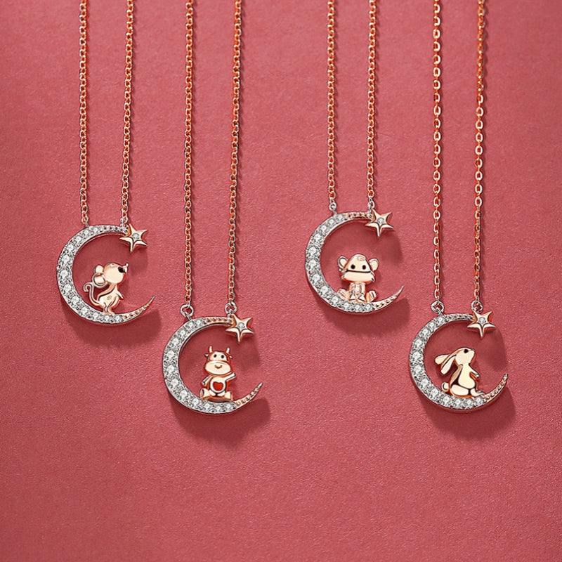 S925 sterling silver with rose gold plated twelve zodiac star and moon necklace | Imitation diamond exclusive lucky jewelry for your birth year