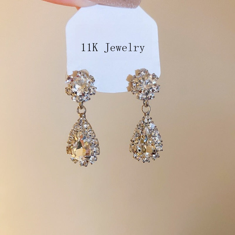 韓國東大門鑲鑽水滴耳環項鍊兩件套輕奢小衆鎖骨鏈個性冷淡風項飾