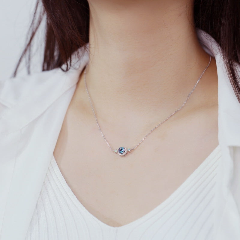 European and American style S925 sterling silver plated with platinum and inlaid with cultured alexandrite light luxury set