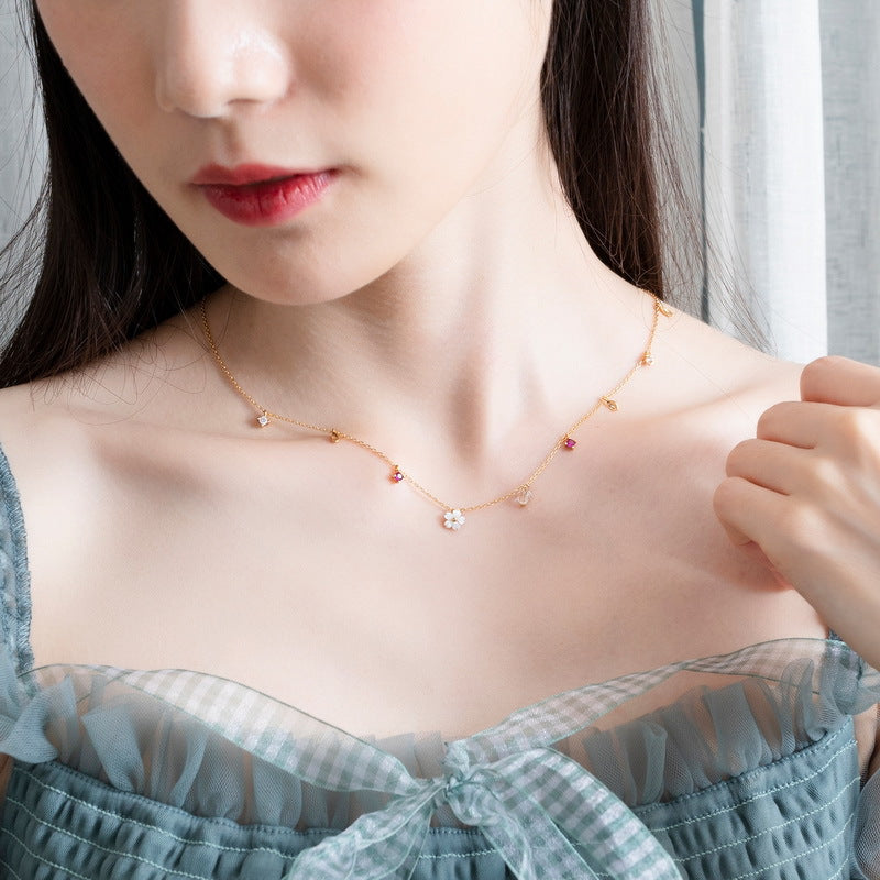 S925 純銀鍍 9K 金日韓風首飾套組 | 貝殼花白玻璃水晶仿鑽 清新浪漫首選