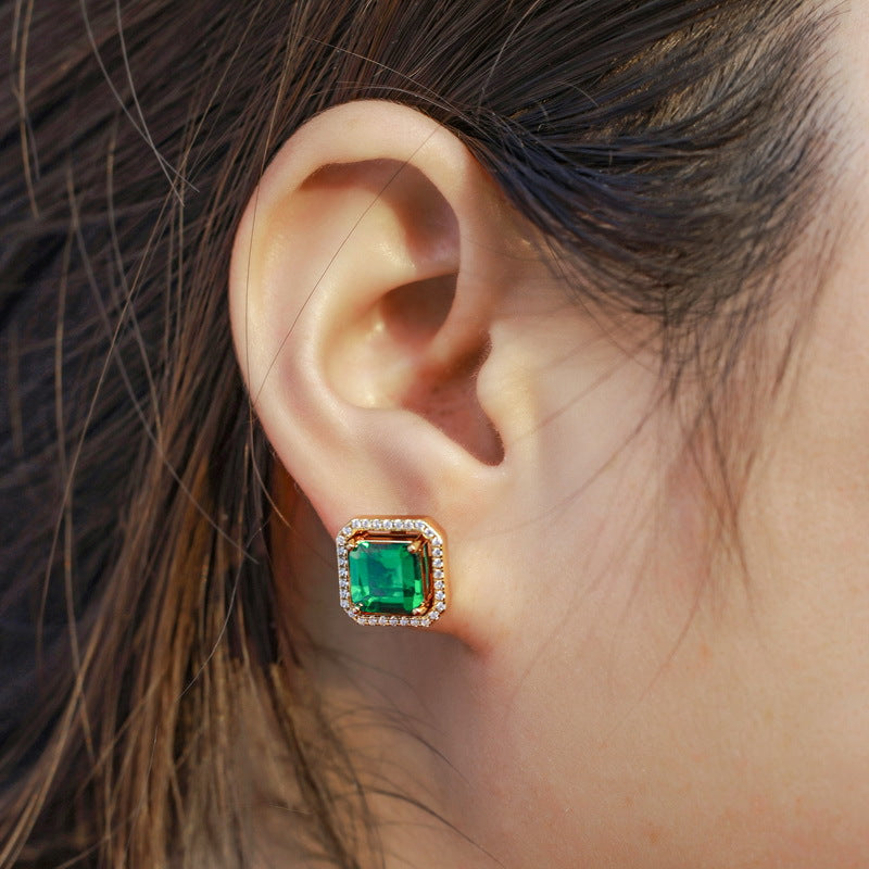Cultivated Emerald Stud Earrings | S925 sterling silver plated with 10K gold and imitation diamonds for a luxurious feel
