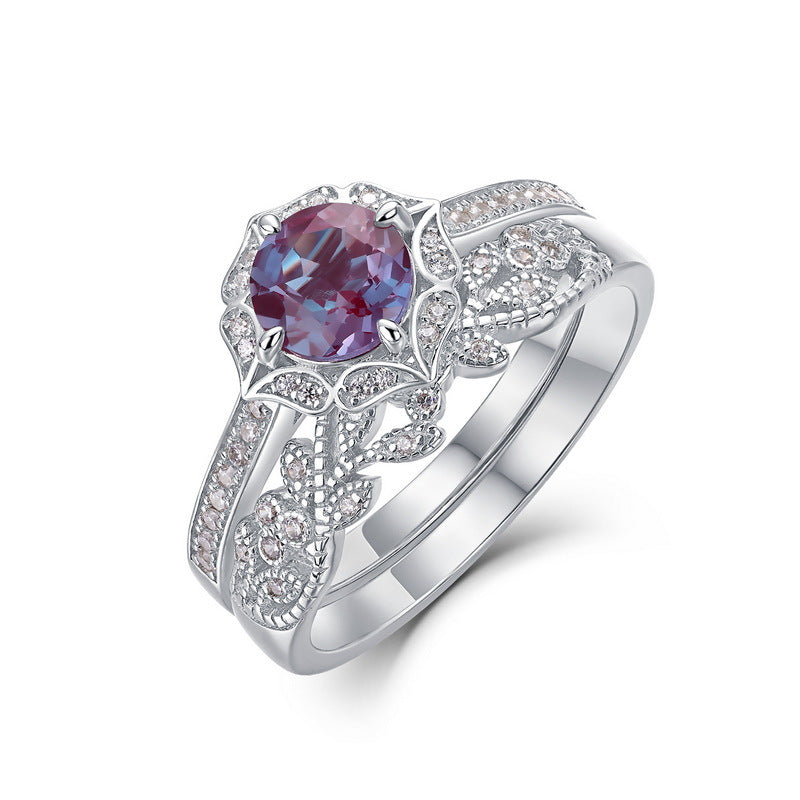 S925 sterling silver with thick platinum and European and American style ring | Synthetic Alexandrite and imitation diamond flower cage shape June birthstone ring