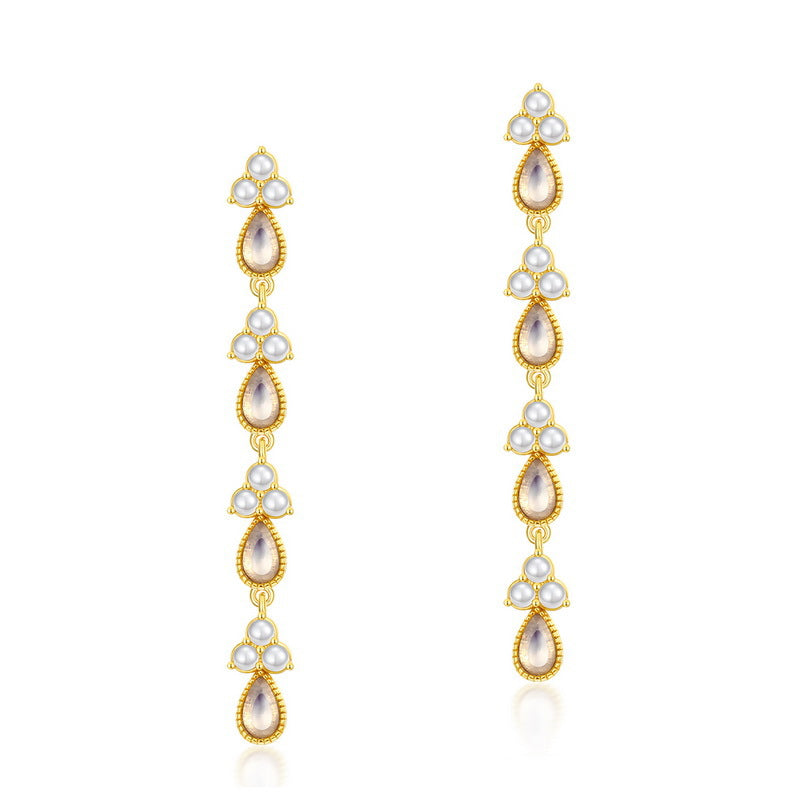S925 sterling silver plated with 9K gold Japanese and Korean style light luxury shell pearl opal long earrings