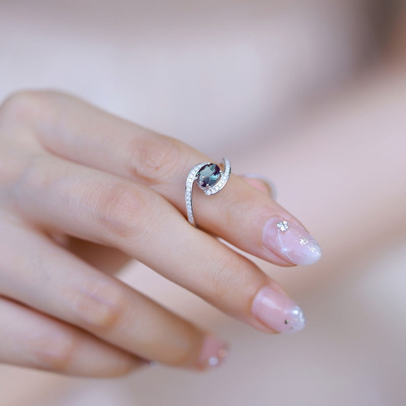 S925 sterling silver plated with thick silver and platinum ring | Cultivated Alexandrite imitation diamond European and American style June birthstone color-changing ring