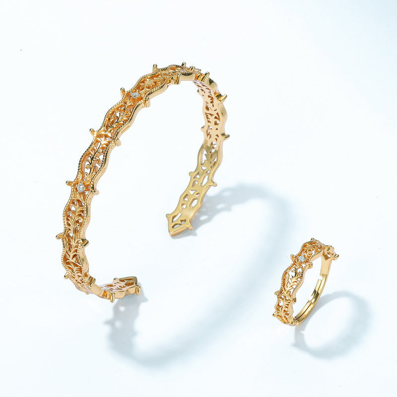 S925 sterling silver with 10K gold plated jewelry set | Exquisite and fashionable Japanese and Korean style imitation diamond pattern bracelet and ring