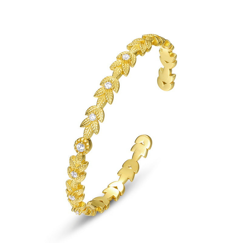 S925 sterling silver with 10K gold plated jewelry set | Fresh and fashionable Japanese and Korean style leaf imitation diamond bracelet and ring