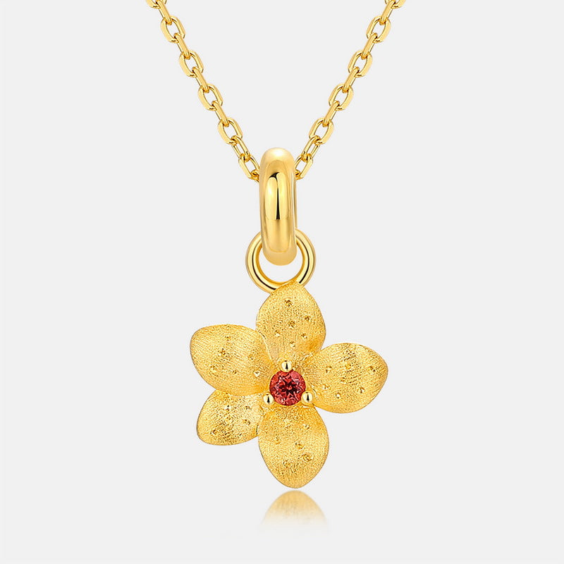S925純銀鍍10K 金手工拉絲紅石榴石吊墜｜輕復古花朵鎖骨鏈 時髦精品必備首飾
