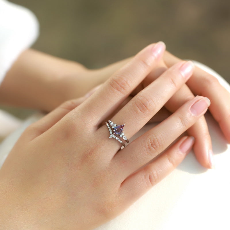 S925 sterling silver with thick platinum and European and American style ring set | Cultivated Alexandrite imitation diamond star shape June birthstone ring