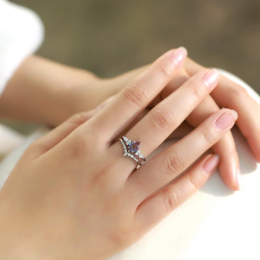S925 sterling silver with thick platinum and European and American style ring set | Cultivated Alexandrite imitation diamond star shape June birthstone ring