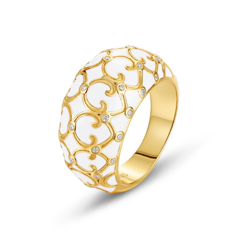 S925 sterling silver plated with 10K gold Japanese and Korean style fashion pattern high-end carved craft ring