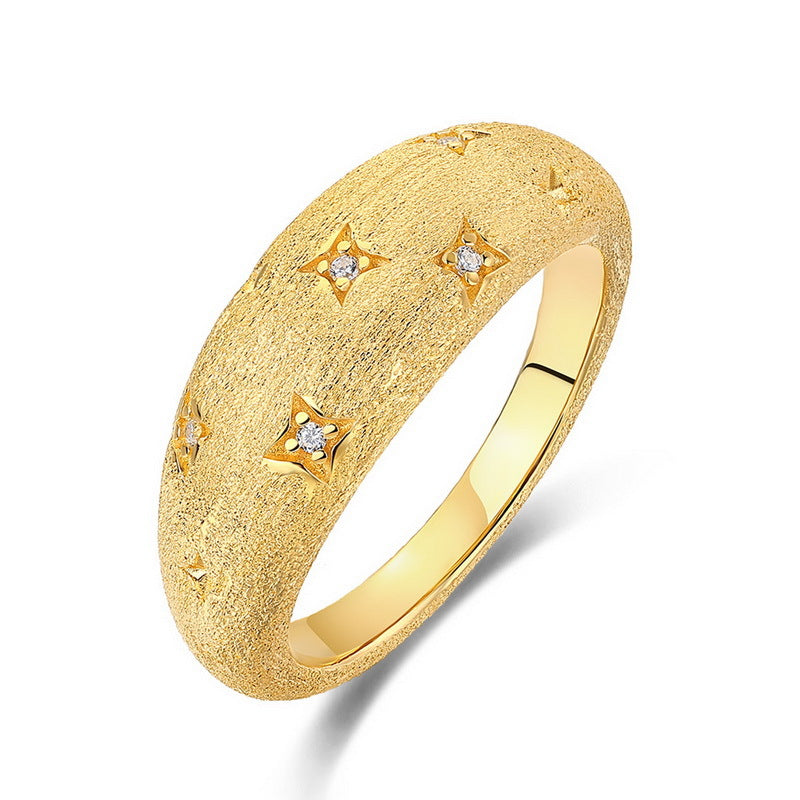 S925純銀鍍10K 金手工拉絲星星戒指｜仿鑽情感守護指環 專屬紀念首飾