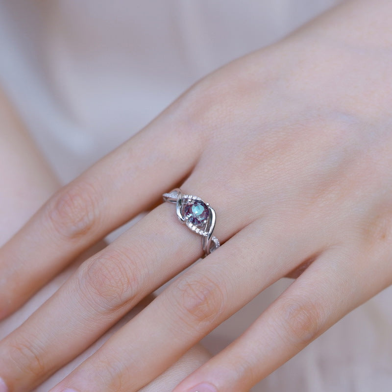 S925 sterling silver with thick platinum platinum European and American style ring | Cultivated Alexandrite imitation diamond wrapped design June birthstone ring