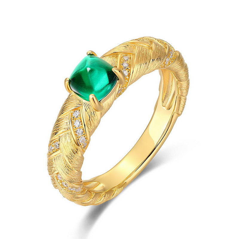 S925 sterling silver with 10K gold plated hand-brushed emerald imitation diamond ring | Retro light luxury leaf vein shape ring high-end fashion jewelry