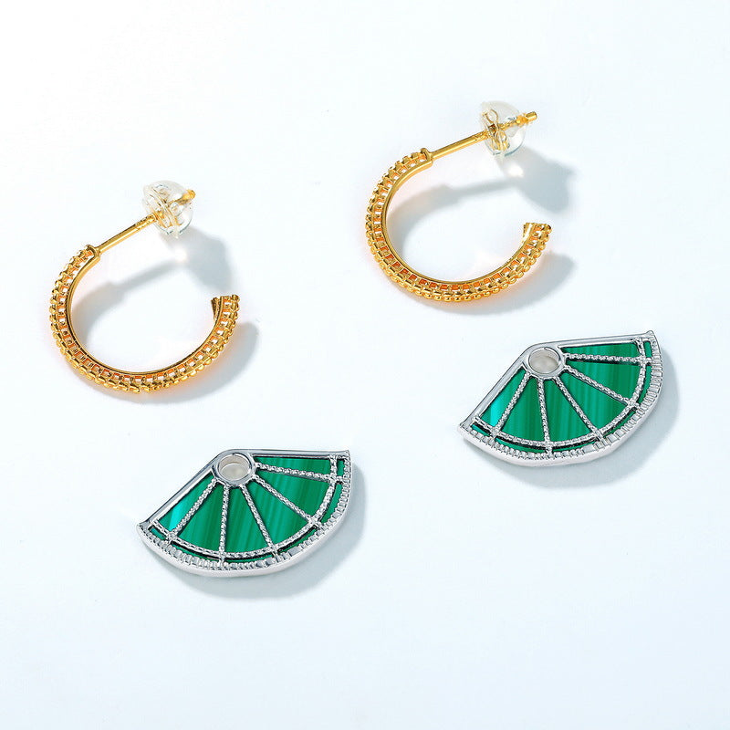 S925 sterling silver with 10K gold plated earrings | Natural malachite fan-shaped design retro and fashionable earrings