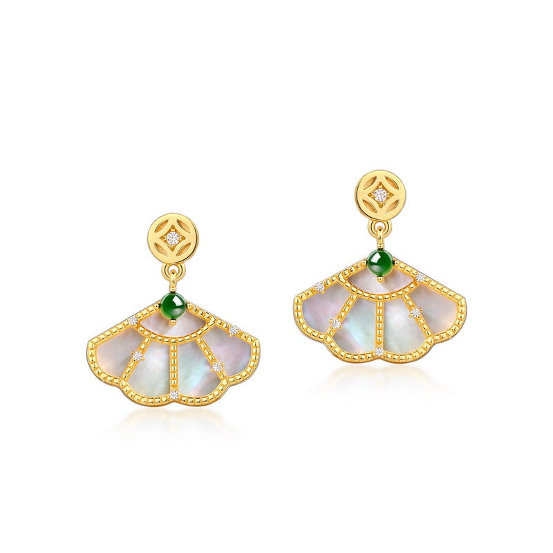 S925 sterling silver plated with 10K gold, simple and stylish, white shell green jade fan set