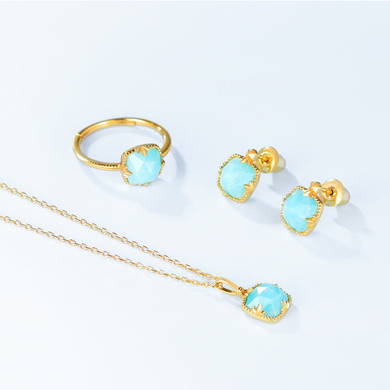 S925 sterling silver with 10K gold-plated natural amazonite jewelry set | Detachable peridot hanging earrings, a niche exquisite jewelry