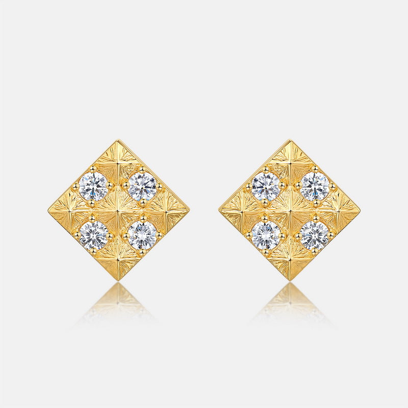 S925純銀鍍10K金 手工拉絲方鑽仿鑽耳釘｜歐美復古宮廷輕奢耳飾 貴族格紋設計
