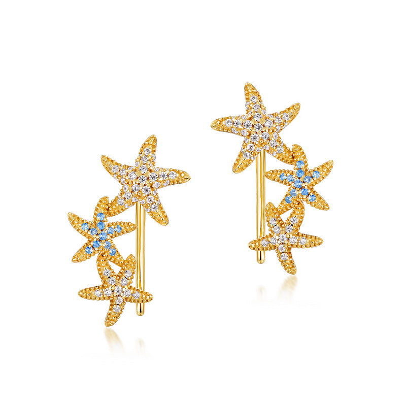 S925 sterling silver plated with 9K gold European and American style blue spinel white zircon starfish earrings can be worn sideways