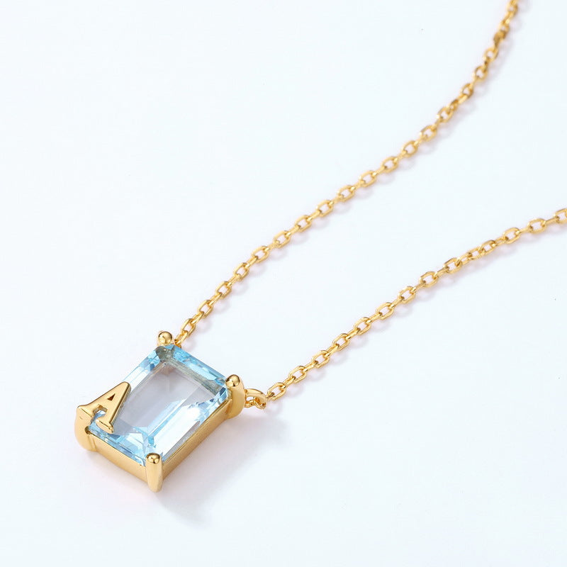 日韓風 S925 純銀鍍 10K 金飾品｜天然天空藍托帕石吊墜項鍊 個性字母設計