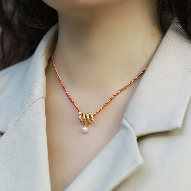 S925 sterling silver with 10K gold plated zodiac snake freshwater pearl light luxury pendant: a sign of good fortune, shining with elegance
