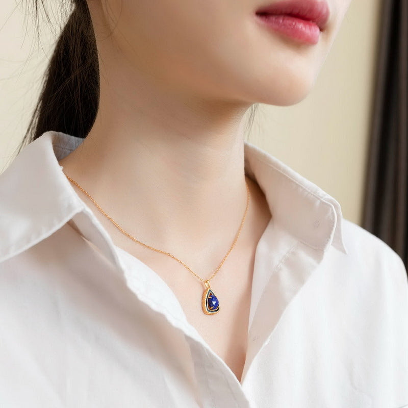 S925 純銀鍍 9K 金項鍊｜天然青金石琺瑯鑲嵌，歐美復古奢華必備